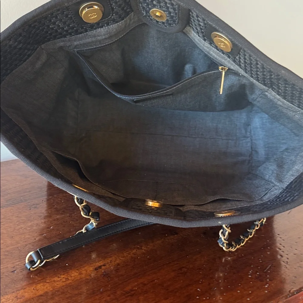 CHANEL Straw Raffia‎ Calfskin Chain Deauville Tote Black